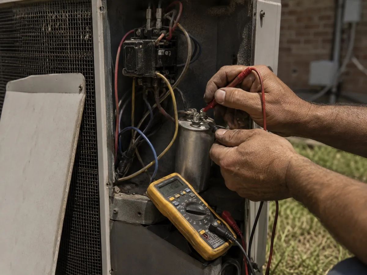 Technician measuring capacitor values inside an opened air conditioner condenser electrical panel