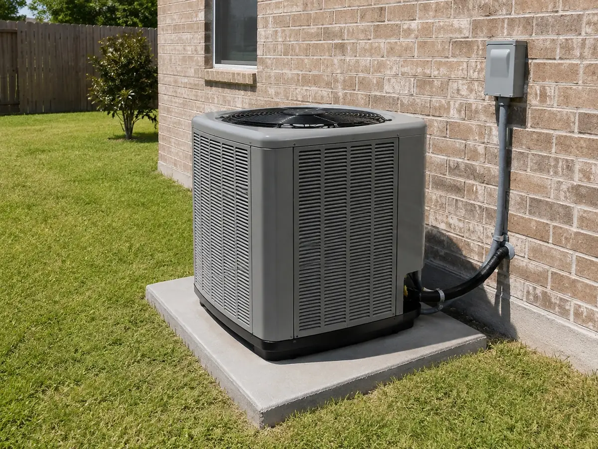Newly installed outdoor condenser unit on a level pad with a neatly routed line set and electrical disconnect