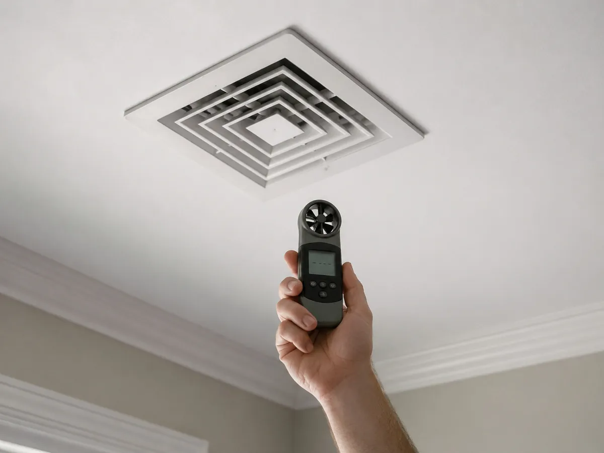Ceiling supply register in a residential room being checked for airflow