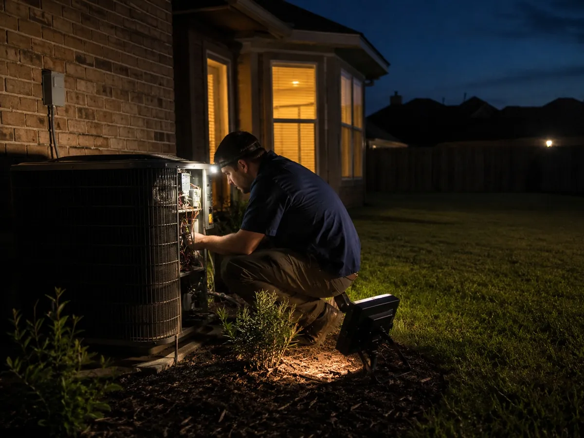 Technician working at an outdoor air conditioning condenser after dark using a work light