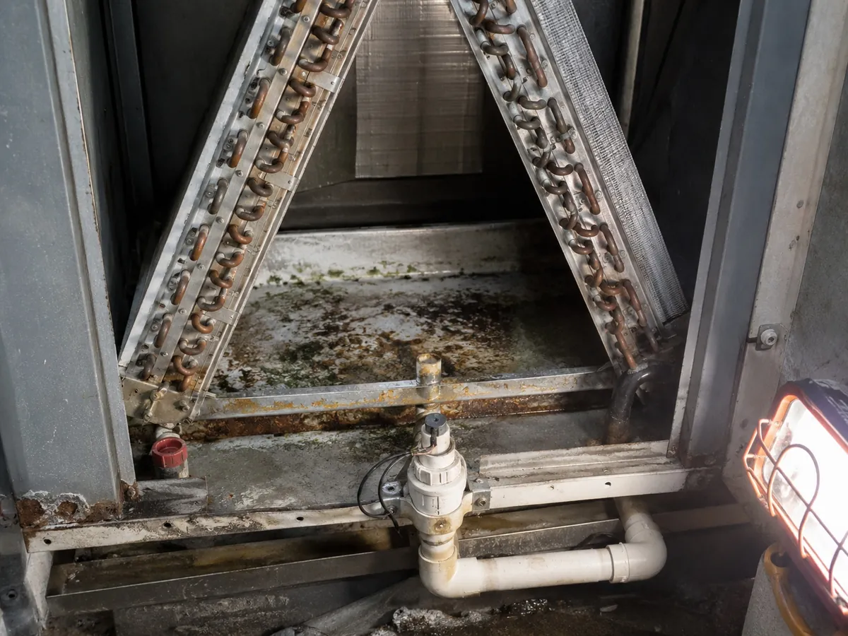 Open evaporator coil cabinet showing the coil face, drain pan and condensate connection