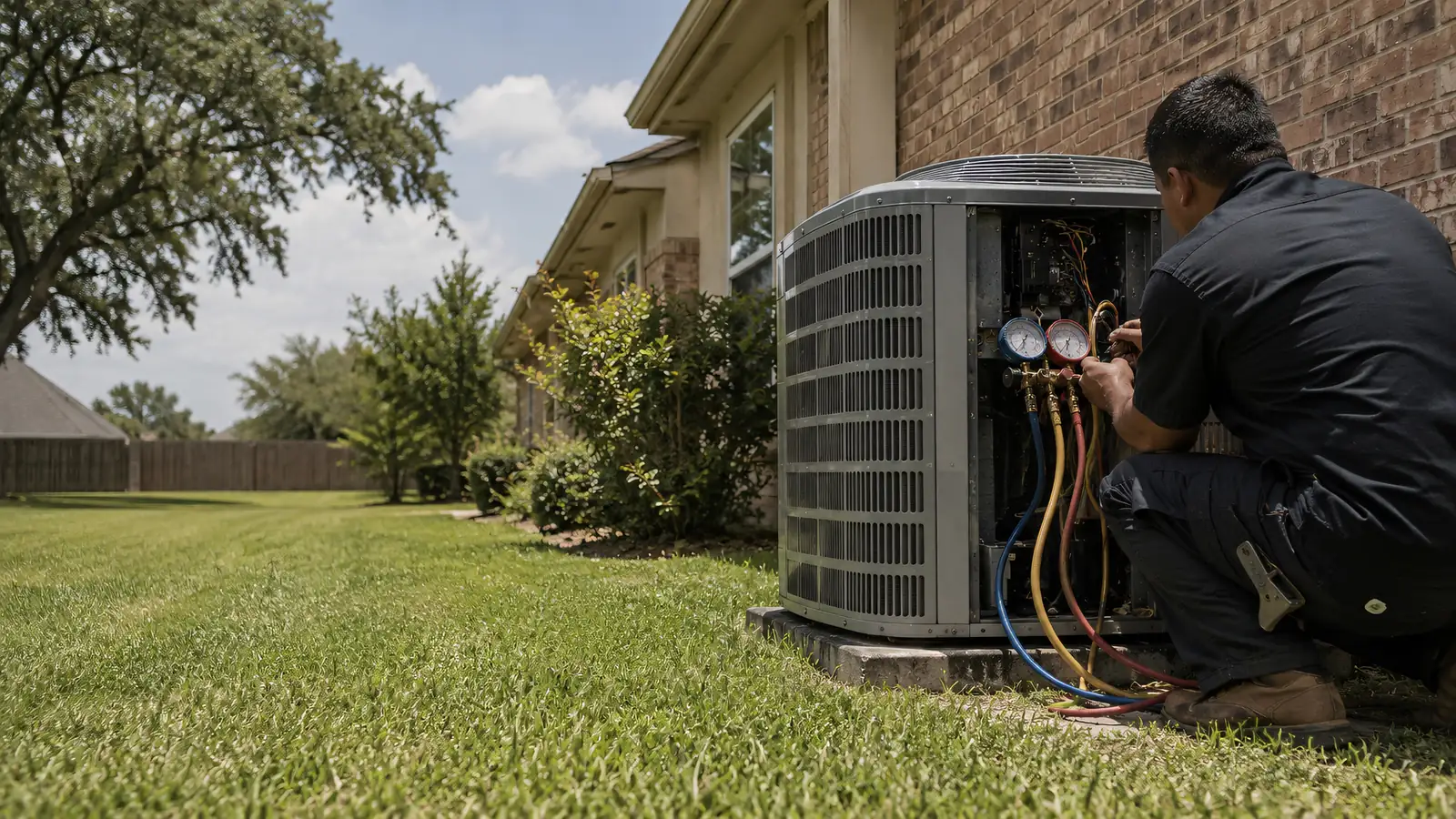 HVAC technician checking refrigerant pressures at an outdoor condenser unit beside a brick house