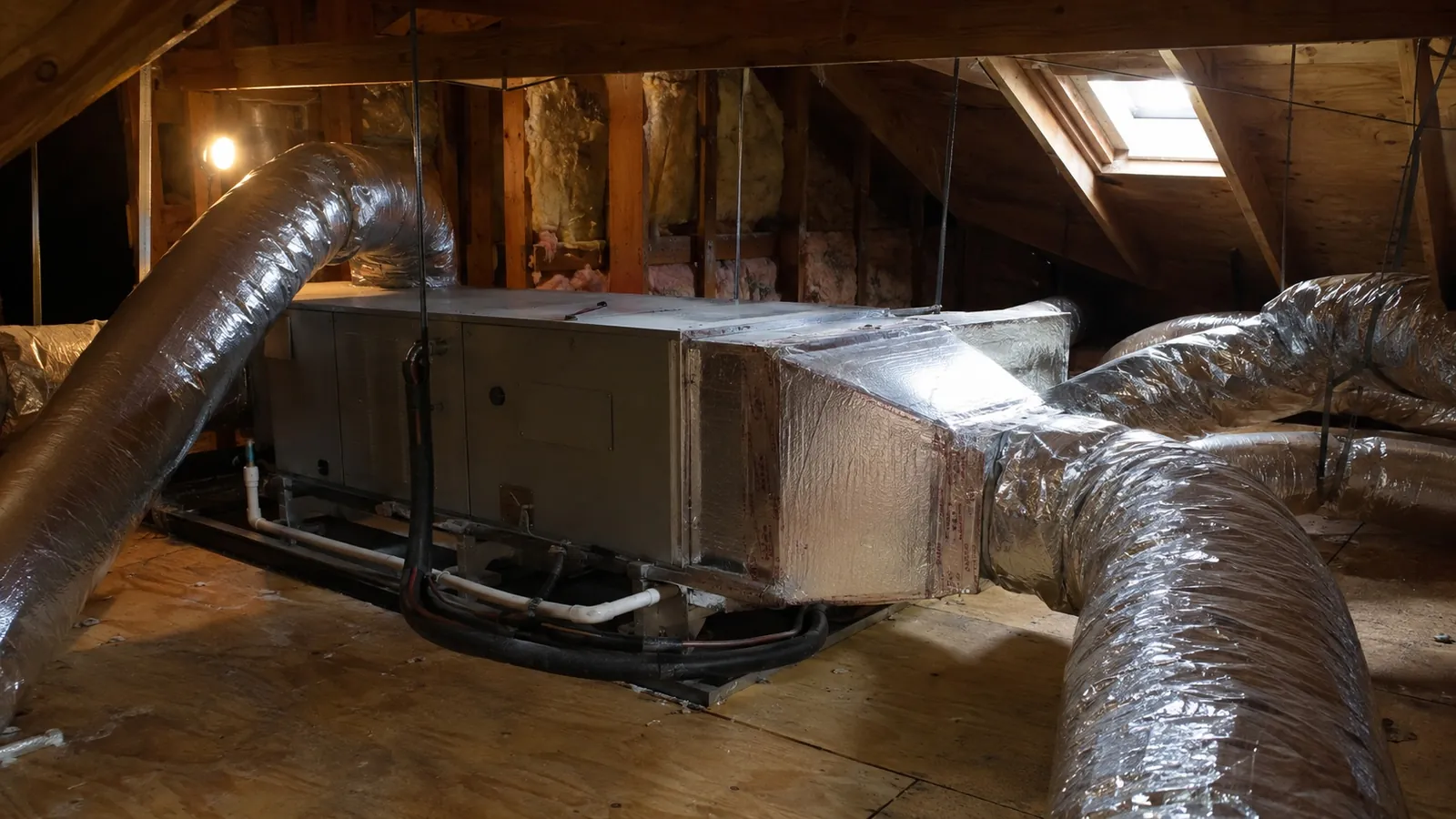 Air handler and plenum installed in a residential attic with insulated flexible duct runs