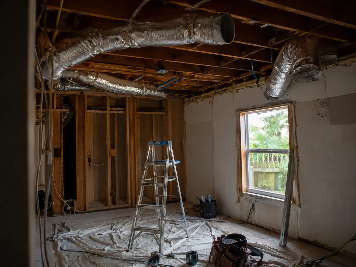Open ceiling during a residential remodel with mechanical work in progress