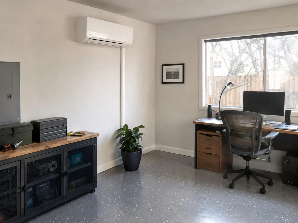 Wall-mounted ductless mini-split head installed in a converted garage room with a neatly finished line set