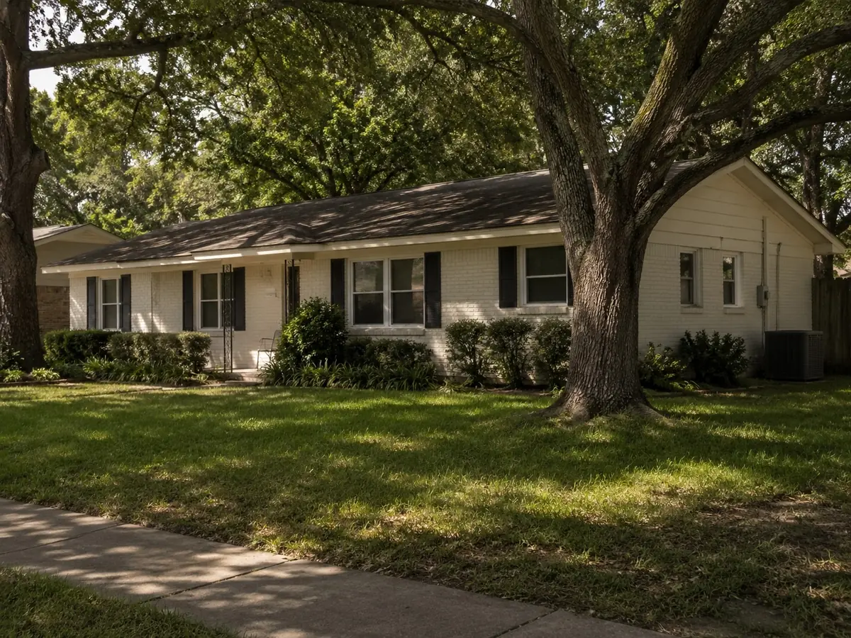 Single-storey mid-century ranch home with mature trees, typical of southwest Houston neighbourhoods