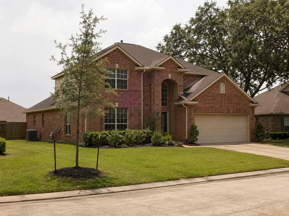Two-storey brick home of the type common in Fort Bend County master-planned neighbourhoods