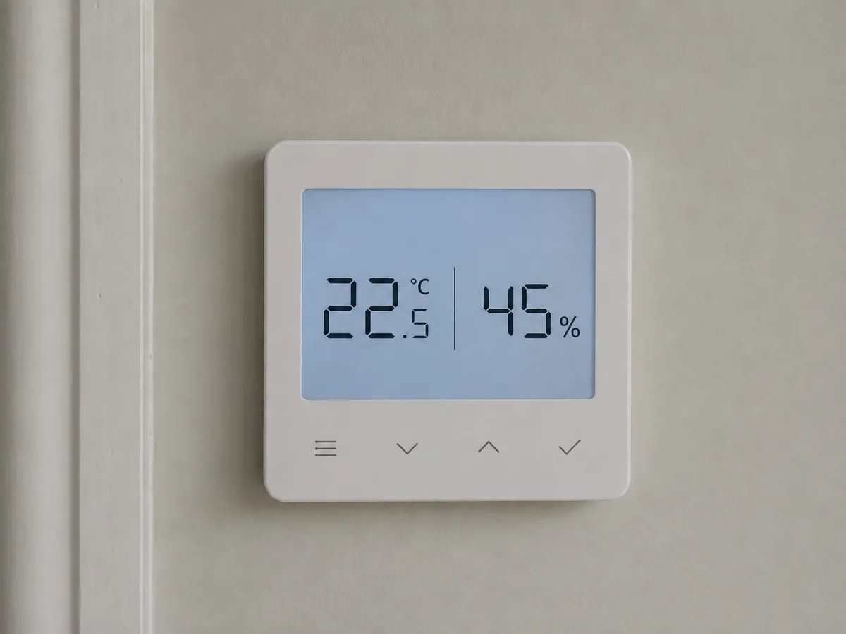 Thermostat display showing the indoor temperature reading in a hallway